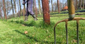 Graskanten afsteken, een van de klussen op het hopveld